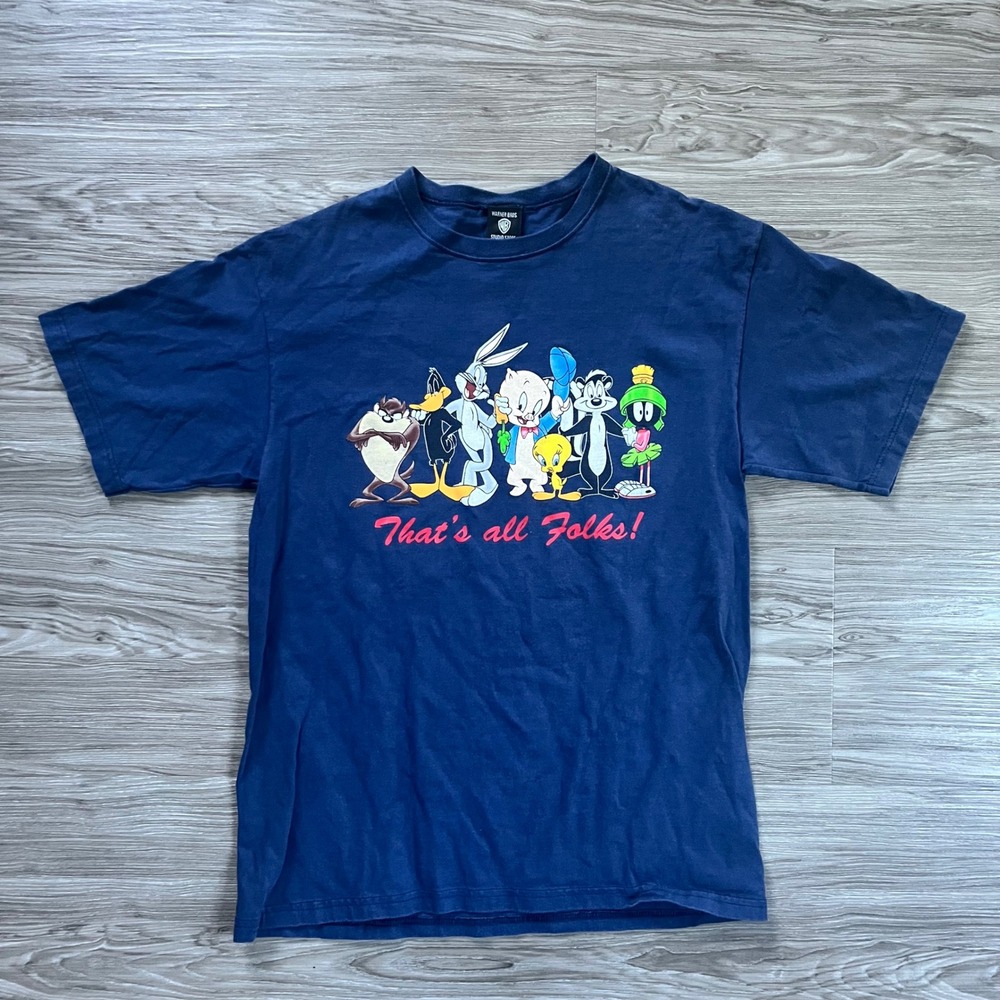 Vintage 1998 Warner Bros Looney Tunes Thats All Folks T-Shirt Navy Blue Large